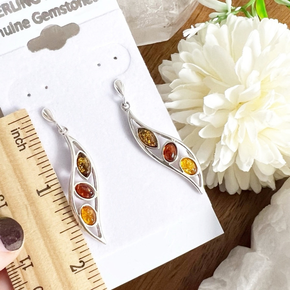 Solid Sterling Silver 925 Genuine Amber 3 Gemstone Earrings New - Picture 7 of 9